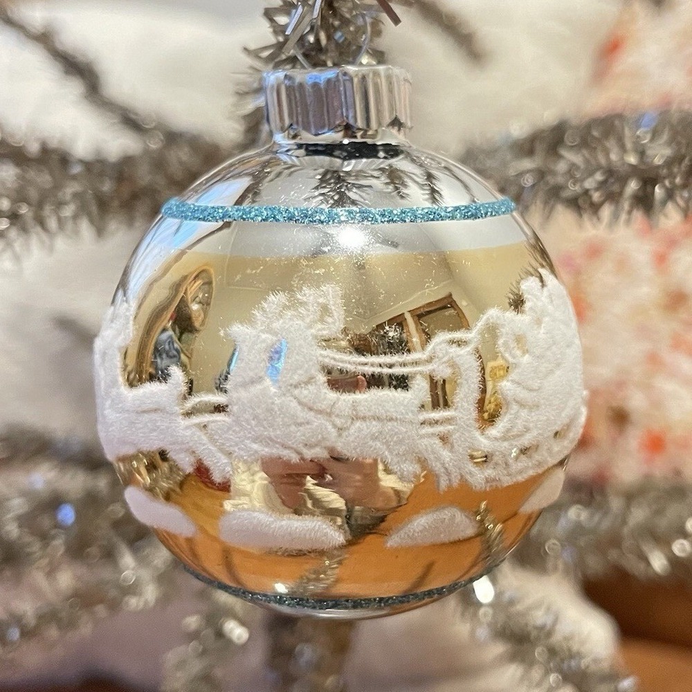 3" Radko Shiny Brite Stenciled Flocked Ornament Santa Sleigh Ride Gold‎ Blue Mcm